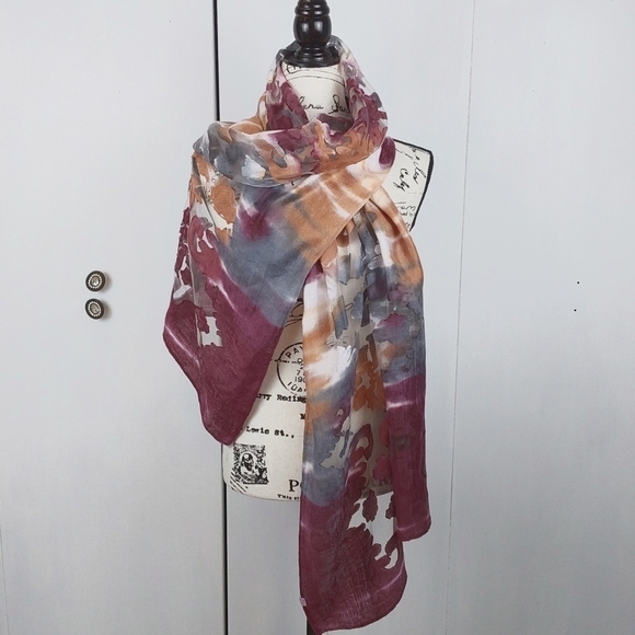 SHAWL SCARF Wrap  Neutrals Burgundy/Gray Semi Sheer Elegant Oversized Stunning! - Picture 1 of 9
